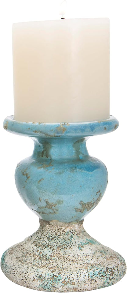 Creative Co-Op Small Distressed Blue Terracotta Pillar Candle Holder