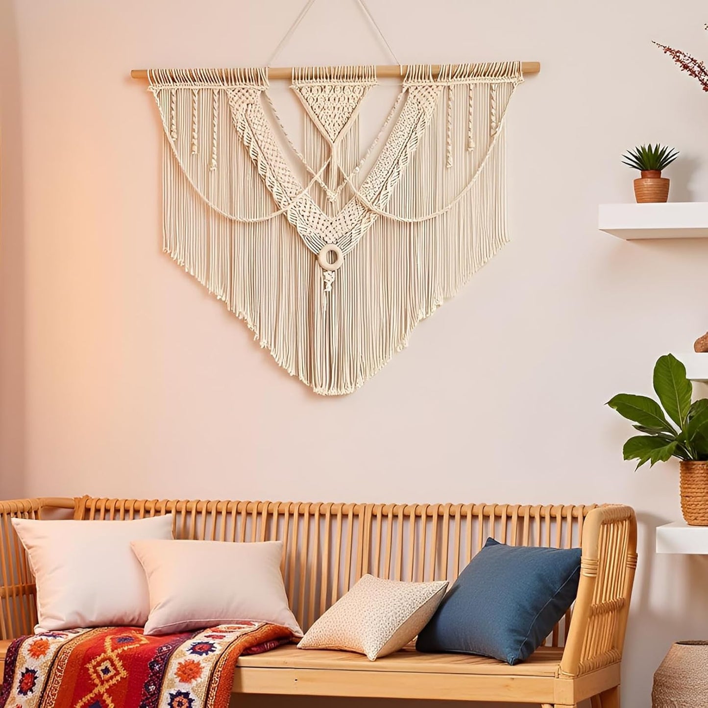 guzhiou large macrame wall hanging - Boho Tapestry Macrame Wall Decor Art- Chic Bohemian Handmade Woven Tapestry Home Decoration for Bedroom Living Room Apartment Wedding Party - 43"x32" (Wood bead)