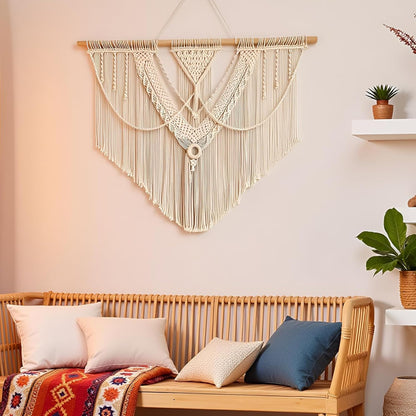guzhiou large macrame wall hanging - Boho Tapestry Macrame Wall Decor Art- Chic Bohemian Handmade Woven Tapestry Home Decoration for Bedroom Living Room Apartment Wedding Party - 43"x32" (Wood bead)