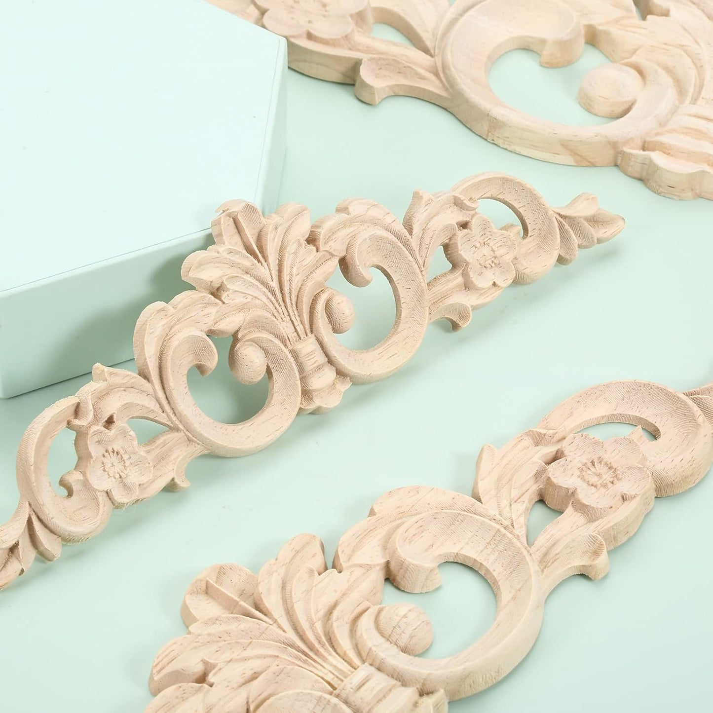 MUXSAM Carved Wood Appliques Onlays, Long Wooden Decals Trim Molding Rosette Inlays for Door Wall Mantel Cabinet Door Dresser Closet Mirror Decoration Furniture Transfer(1-Pack, 20x5cm/7.9" x2)