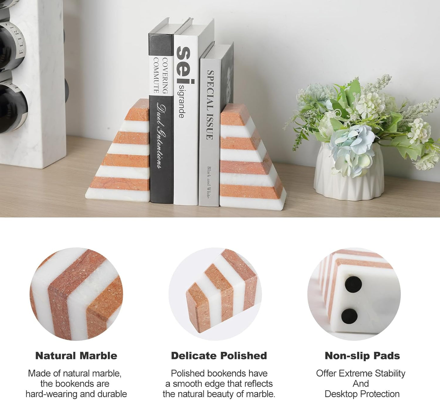 Karibiber Travertine Bookends for Heavy Books, Marble Decorative Bookends for Shelves, Heavy-Duty Stone Book Ends for Hardback Book & Cookbooks, Unique Book Stopper & Holder, Travertino Italy