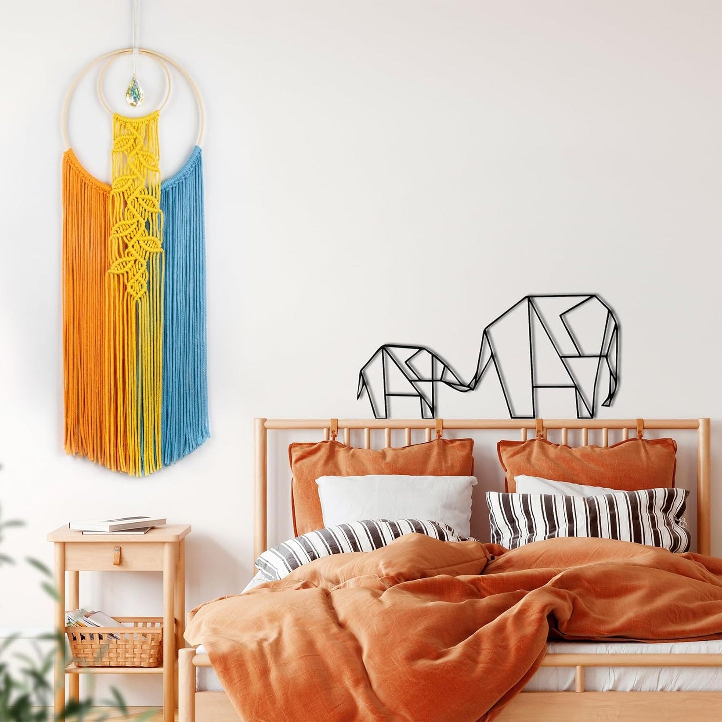 LB Boho Macrame Wall Hanging - Green and Beige Handmade Cotton Woven Decor, Modern Geometric Bohemian Tapestry Wall Decor for Bedroom Living Room Home (31.5"x9.84") Nature-Inspired Room Decor