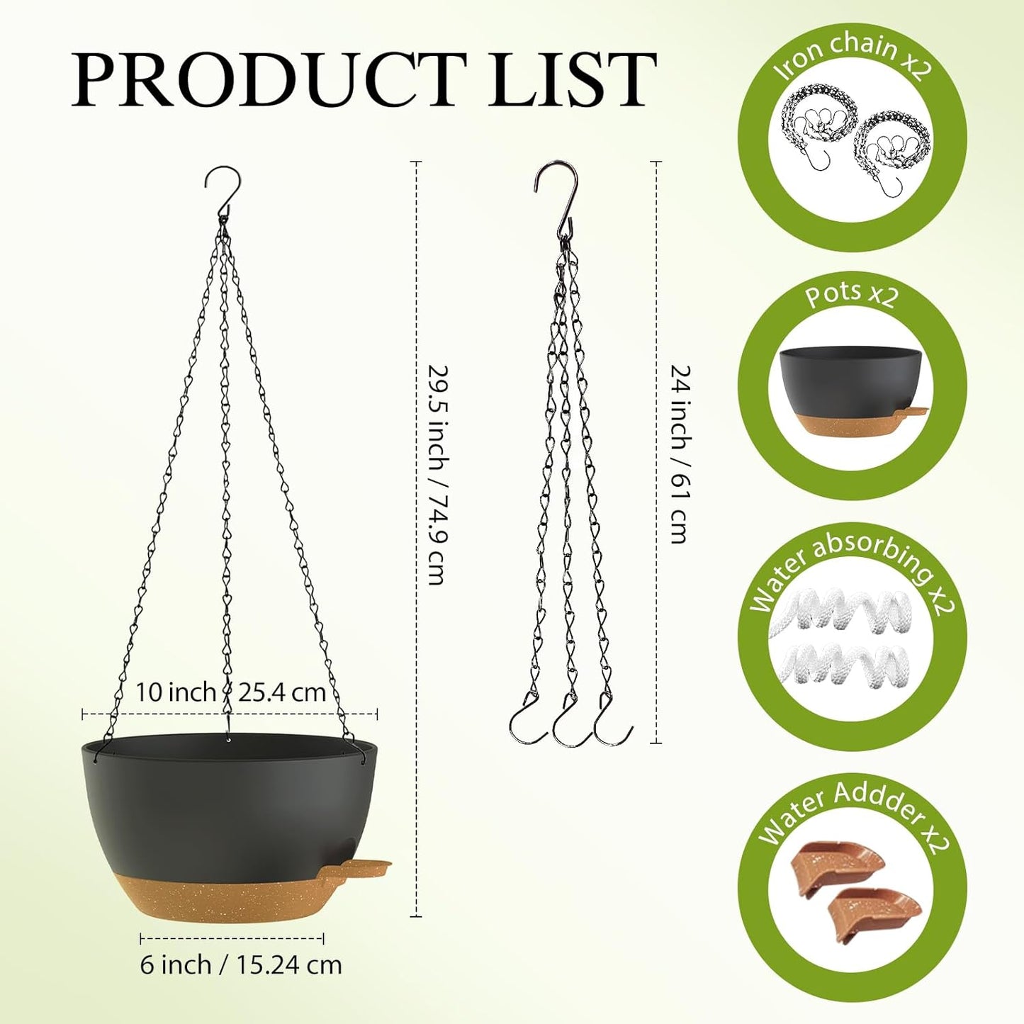 12 Inch Hanging Baskets 2 PC with Chains, Self-Watering Hanging Planters for Indoor Outdoor Plants, Plastic Hanging Flower Pots,Black
