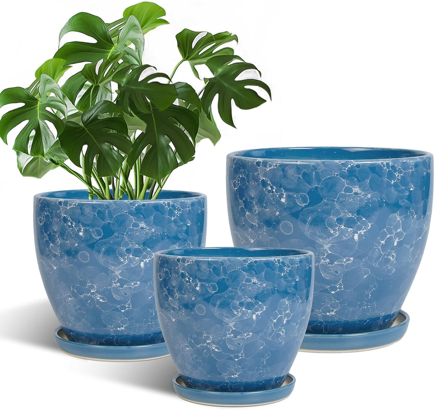 Plant Pots Indoor, Ceramic Planters Pots with Drainage Holes and Saucers, 10+8+6 Inch, Set of 3, Round Large Flower Pots for Indoor Outdoor Plants, Blue