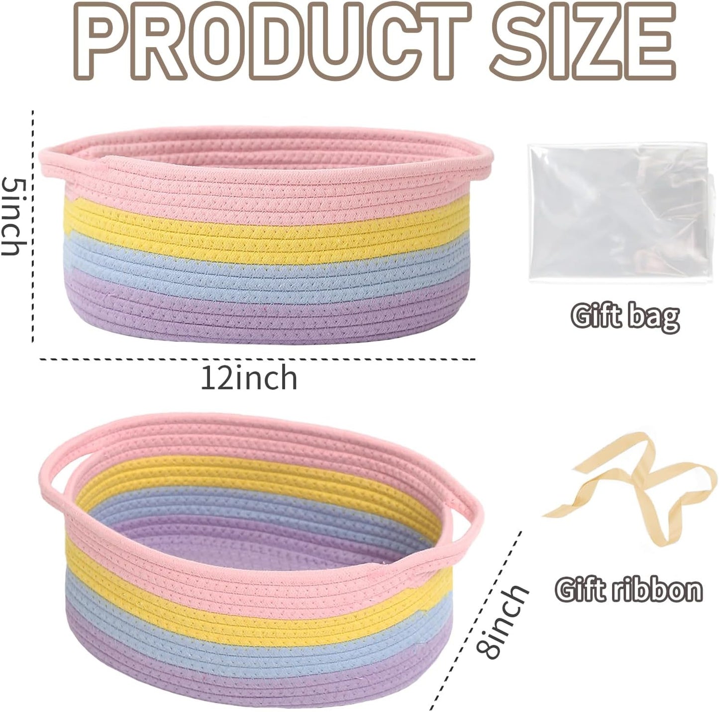 JMvicyroam Woven Basket,Small Rope Storage Bin with Handles & Ribbon Bag, Organizer for Shelves Closets,Gift Basket Empty for Birthday,Books,Dog Toys,White