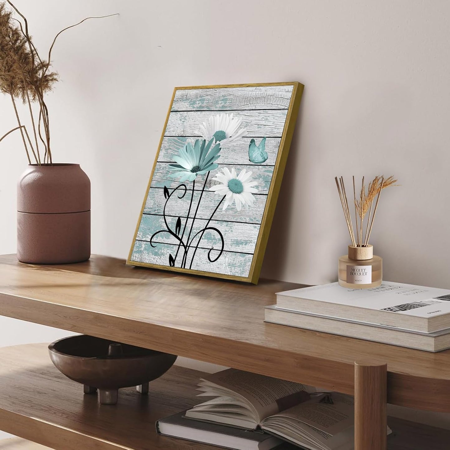 HVEST Farmhouse Floral Wall Art for Living Room, Blue and White Daisy Flower and Butterfly on Rustic Wood Board Canvas Wall Art Framed Artwork Ready to Hang for Bathroom Bedroom Decor, 16L X 12W