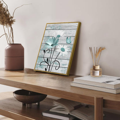 HVEST Farmhouse Floral Wall Art for Living Room, Blue and White Daisy Flower and Butterfly on Rustic Wood Board Canvas Wall Art Framed Artwork Ready to Hang for Bathroom Bedroom Decor, 16L X 12W