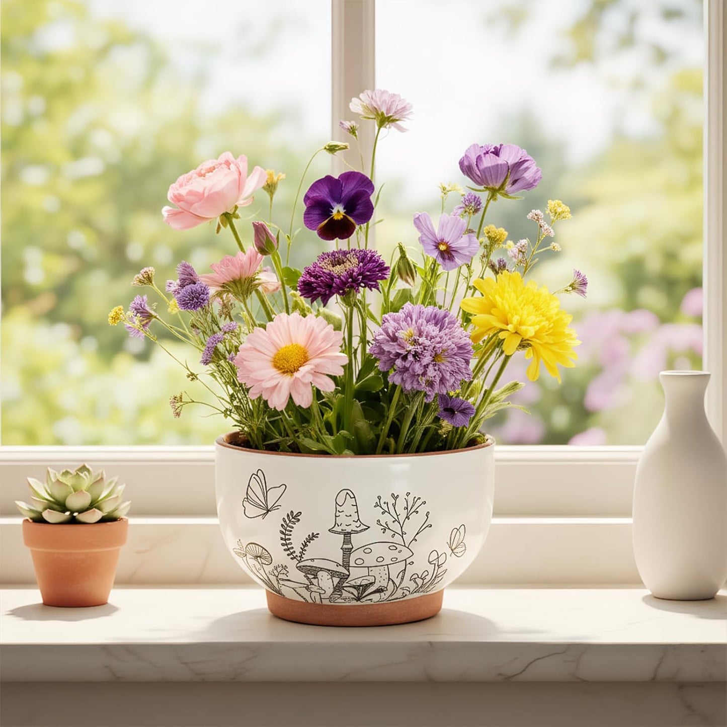 YBX 8 Inch + 6 Inch Ceramic Plant Pots, Succulent Flower Pots with Drainage Holes, Terracotta Planters for Indoor Plants, White&Terracotta (Garden)