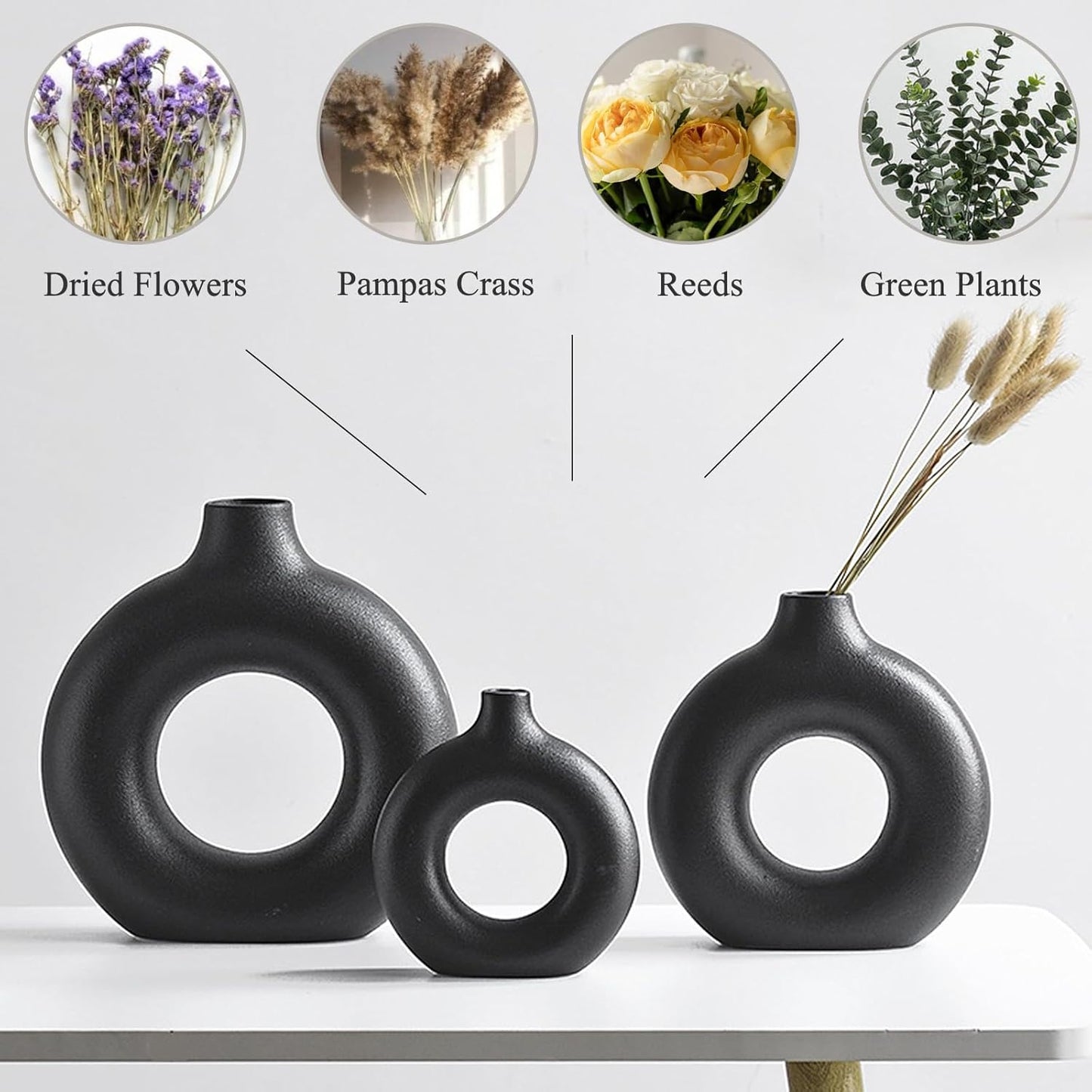 White Ceramic Donut Vase Set of 2, Hollow Matte Pampas Flower Vases for Boho Home Wedding Party Room Dinner Table Shelf Decor.（White）