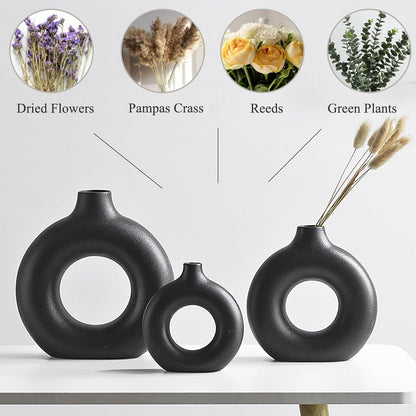 White Ceramic Donut Vase Set of 2, Hollow Matte Pampas Flower Vases for Boho Home Wedding Party Room Dinner Table Shelf Decor.（White）