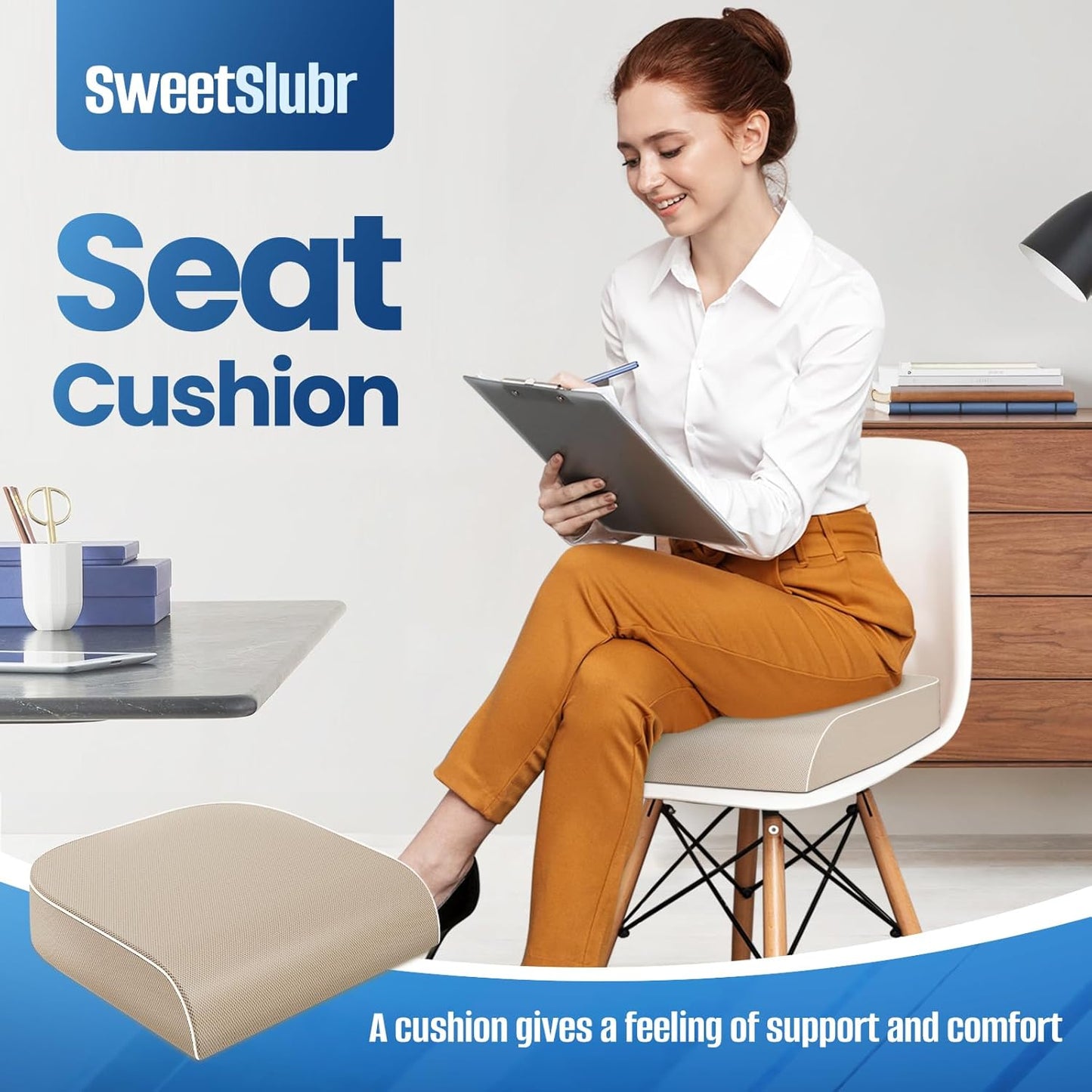 SweetSlubr Seat Cushion for Tailbone Pain Relief, Office Chair Cushion, Memory Foam Large Cushion with Non-Slip Cover for Soft Support at Office Chair, Car Seat, Airplane, Floor Pillow, Black/Large