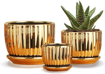 Ton Sin Pink Gold Ceramic Flower Pots, 4"+5"+6" Inch Small Glazed Succulent Planters with Drainage Hole,Modern Indoor Decorative Plant Pots Set of 3,Garden Pots with Saucer