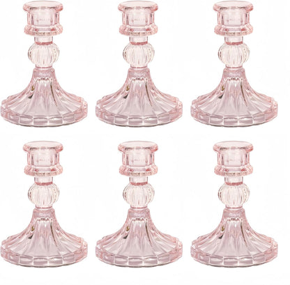 Glass Candlestick Holder,Striped Taper Candle Holders,Set of 6 Candle Stand for Table Centerpieces, Home Decor,Weddings,Festival and Parties (Clear Stripe Pattern)