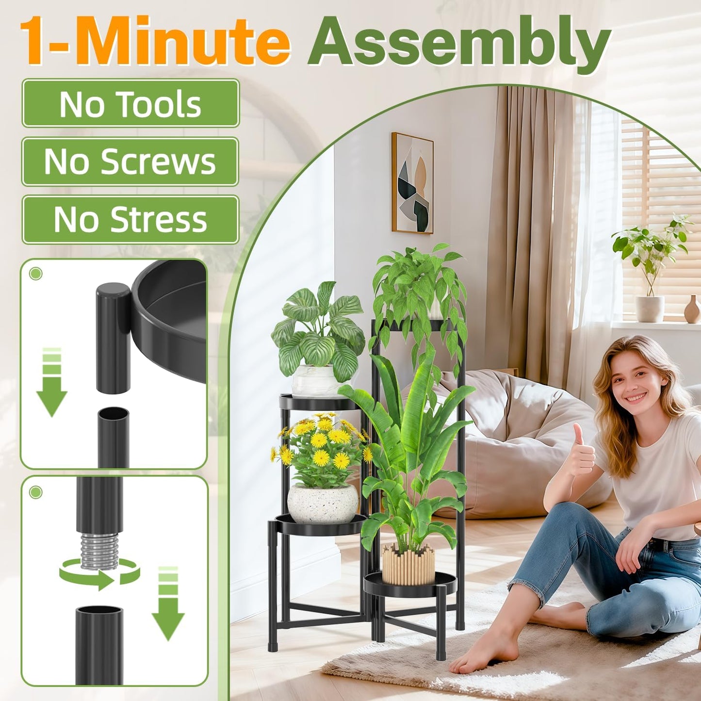 iDavosic.ly Plant Stand Indoor Outdoor, 5 Tier Corner Metal Flower Display Holder Shelf, Folding Tall Orchid Rack for Patio Balcony Porch Garden Living Room House, Black