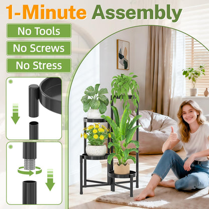 iDavosic.ly Plant Stand Indoor Outdoor, 5 Tier Corner Metal Flower Display Holder Shelf, Folding Tall Orchid Rack for Patio Balcony Porch Garden Living Room House, Black