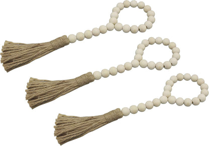 CVHOMEDECO. Wood Beads Garland with Tassels 3 PCS Farmhouse Rustic Wooden Prayer Bead String Wall Hanging Accent for Home Festival Decor. Natural