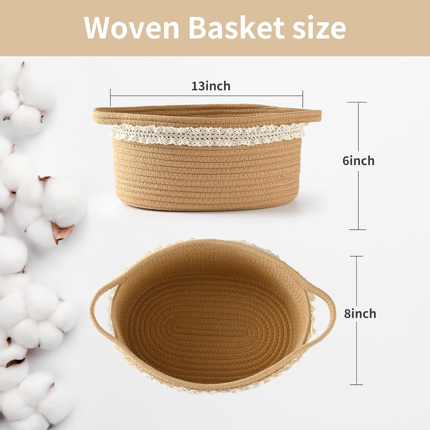 Happyiren Medium Woven Cotton Rope Basket with Handle Empty Decorative Gift Basket for Baby Shower, Graduation, Mother's Day, Nursery Storage 13" Dia x 8" W x 6" H