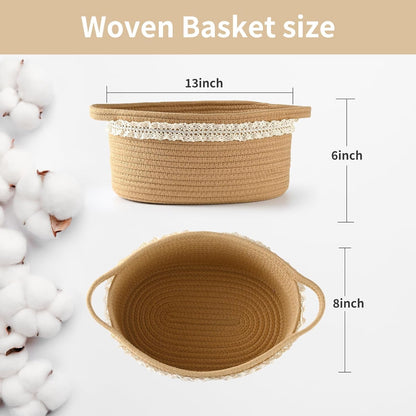 Happyiren Medium Woven Cotton Rope Basket with Handle Empty Decorative Gift Basket for Baby Shower, Graduation, Mother's Day, Nursery Storage 13" Dia x 8" W x 6" H