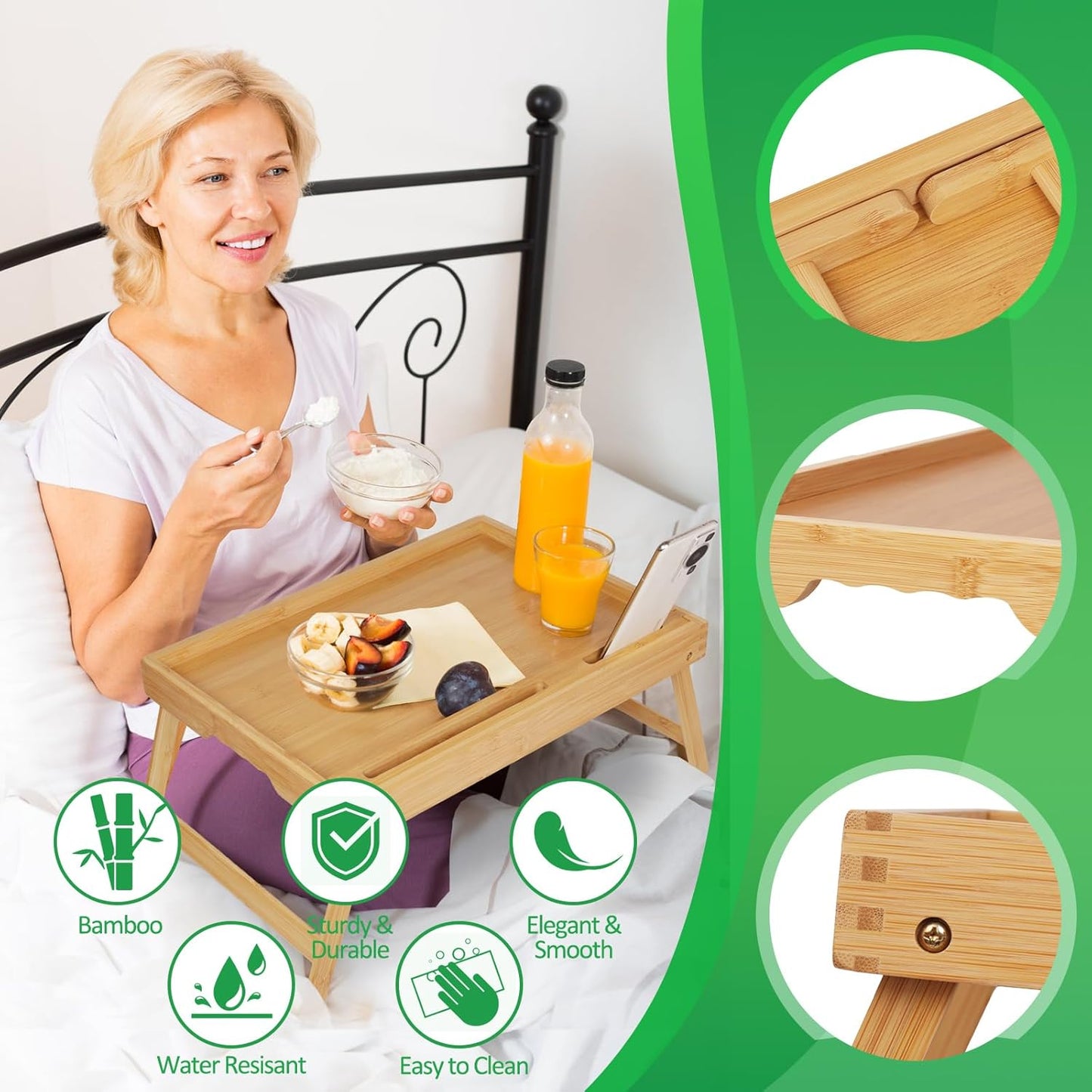 Bed Tray Table with Handles Folding Legs,Bamboo Breakfast Food Tray with Media Slot,Use As Platter,Laptop Desk,Snack,TV Tray Kitchen Serving Tray Black Large