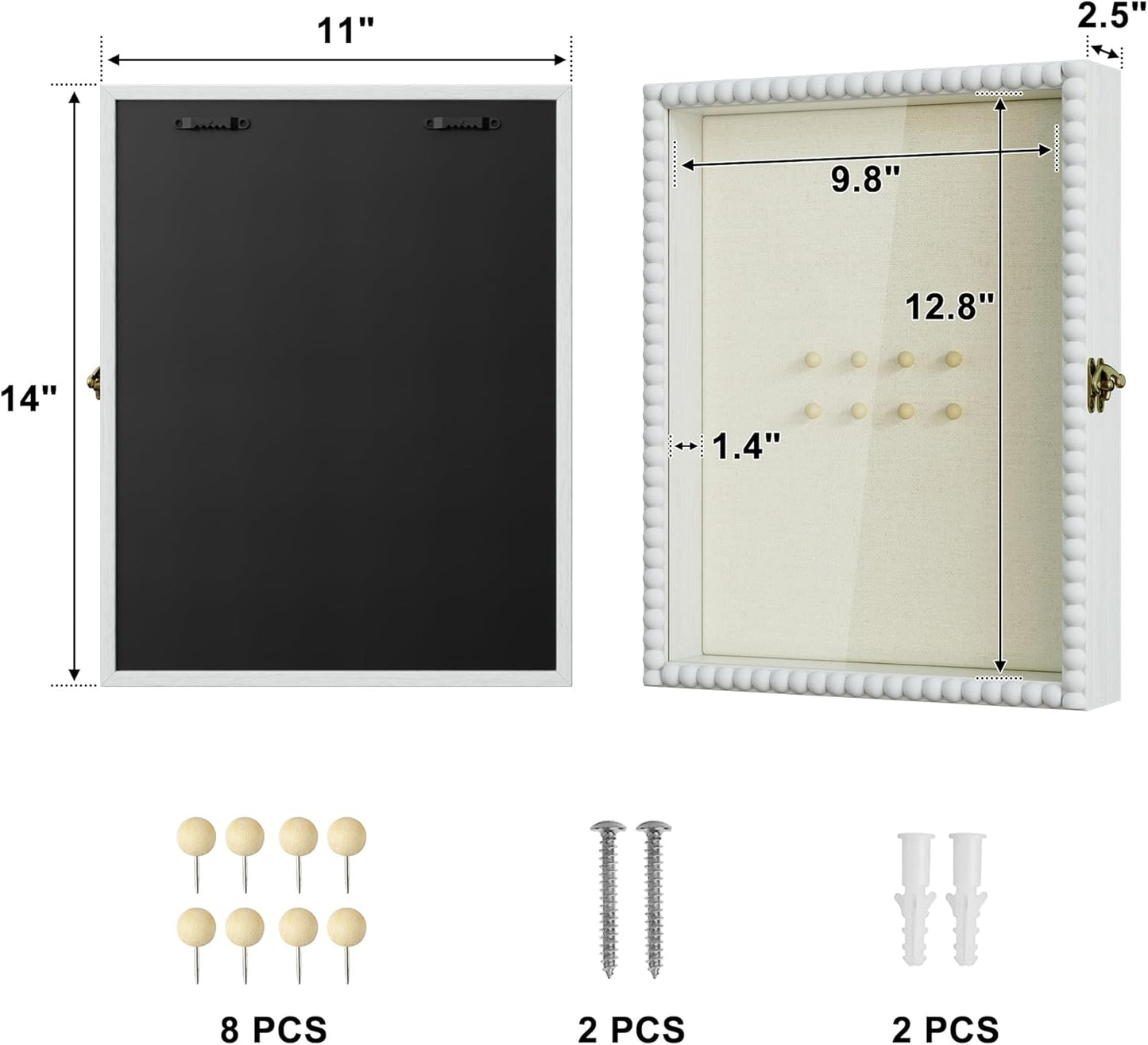 Love-KANKEI Shadow Box Frame 11x14, Deep Large Shadow Box Display Case with Unique Beads Door and Glass Window, Wood Memory Box for Pictures,Medals,Memorabilia,Collections White