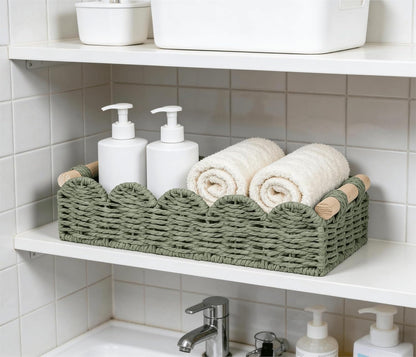 CubesLand Paper Rope Scalloped Edge Toilet Paper Storage Basket, Small Living Room, Bedroom Decor Baskets for Over Toilet Storage Shelf, End Table, Shelves and More, with 2 Wooden Handle, Neutral