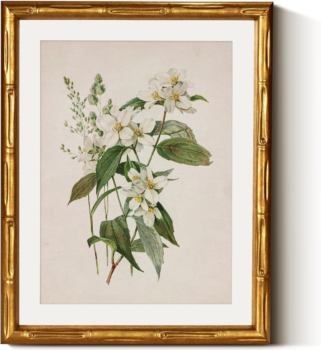InSimSea Gold Bamboo Framed Canvas Wall Art, Retro Blue Hydrangea Botanical Prints, Antique Flowers Picture Frame with Mat, Victorian Home Wall Decor for Kitchen Living Room Bedroom, 11x14inch