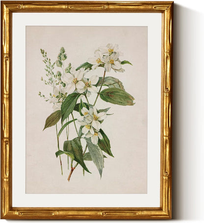 InSimSea Gold Bamboo Framed Canvas Wall Art, Retro Blue Hydrangea Botanical Prints, Antique Flowers Picture Frame with Mat, Victorian Home Wall Decor for Kitchen Living Room Bedroom, 11x14inch