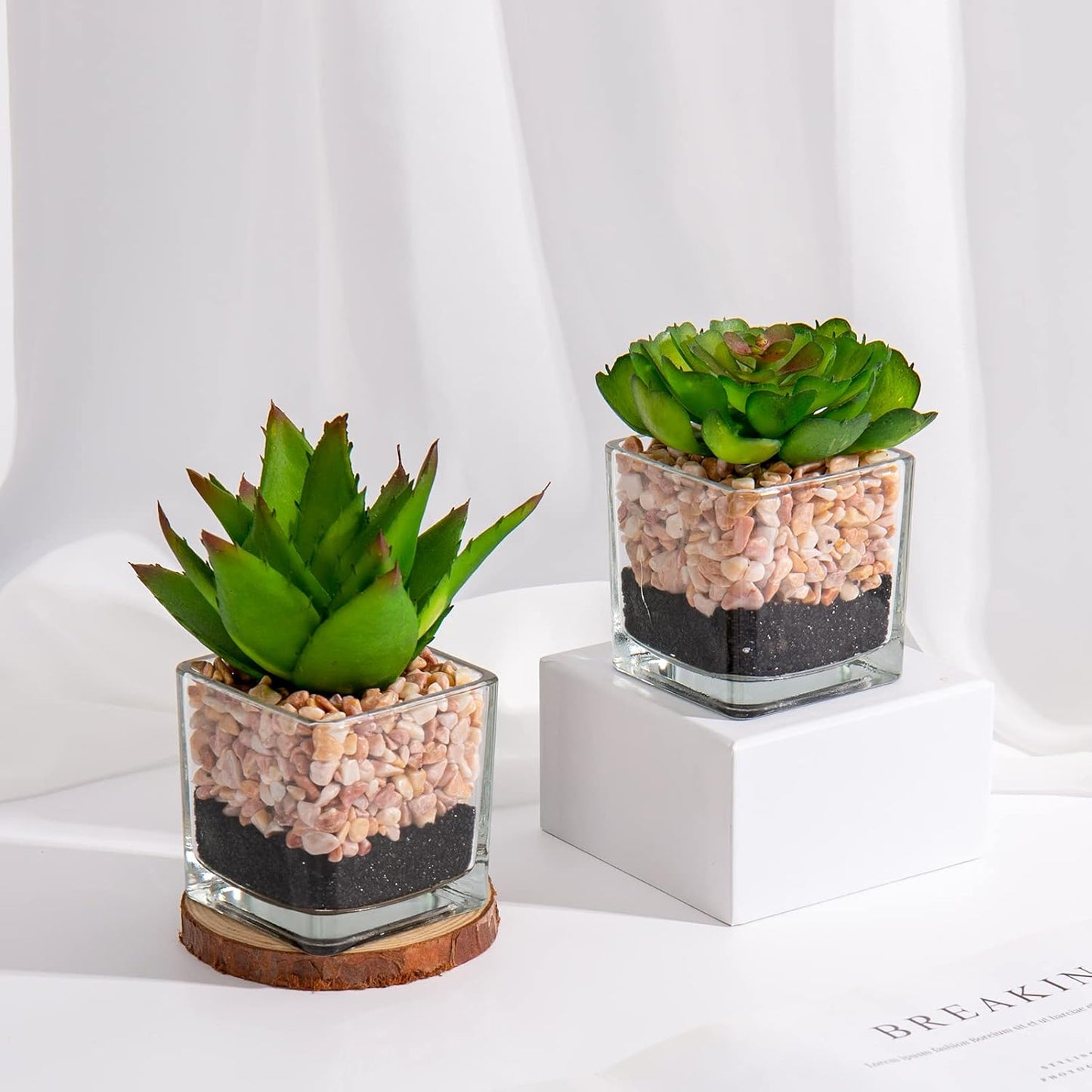 Briful Mini Fake Plants 4 Packs Succuletns Artificial Potted Plants in Cube Glass Vase Faux Succulents for Bathroom Living Room Kitchen Shelf Table Decor