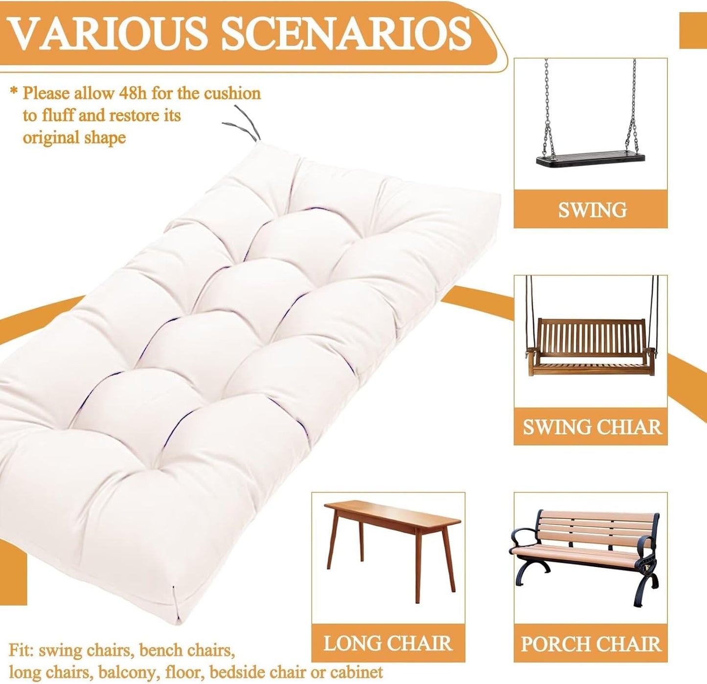 MTMR Outdoor Bench Cushion-44X19 Water-Repellent Tufted Porch Swing Cushions with High Elasticity PP Cotton and Ties Fade-Resistant Patio Outdoor Chair Cushion for Bench Furniture, Indoor Seat Cushion
