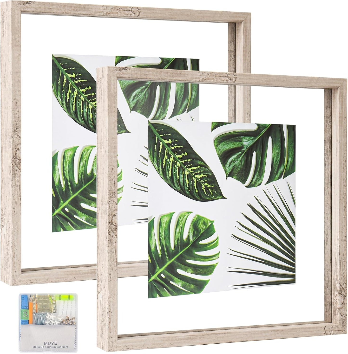 MUYE 11x14 Floating Frame Set of 2,Double Glass Rustic Frame,Display Any Size Photo up to 11x14,Wall Mount or Tabletop Standing,Natural