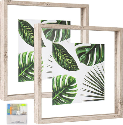 MUYE 11x14 Floating Frame Set of 2,Double Glass Rustic Frame,Display Any Size Photo up to 11x14,Wall Mount or Tabletop Standing,Natural