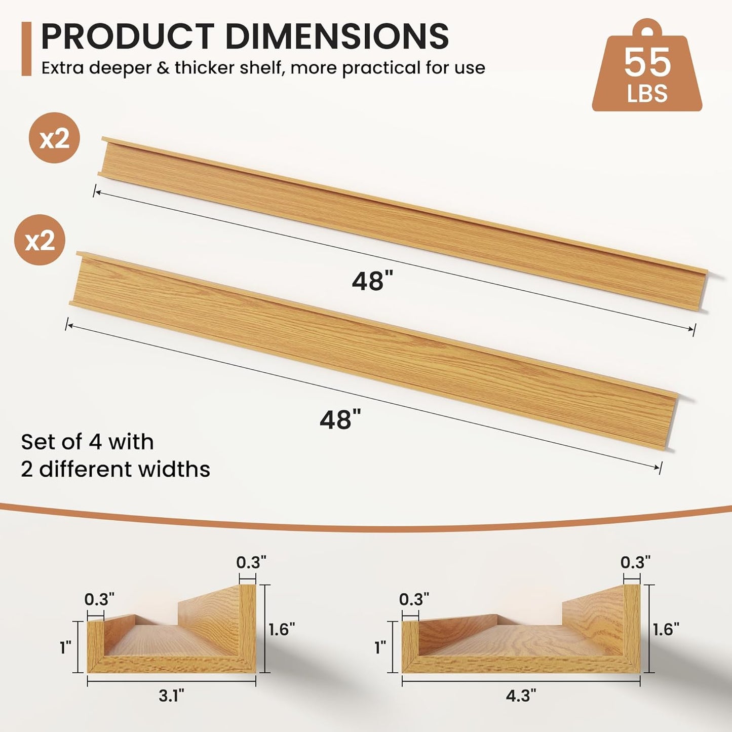 Fun Memories Picture Ledge Shelves Set of 2, 32 Inch Rustic Wall Mounted Floating Shelves with Lip for Home Storage and Décor in Bathroom, Kitchen, Nursery, Bedroom, Living Room, Walnut