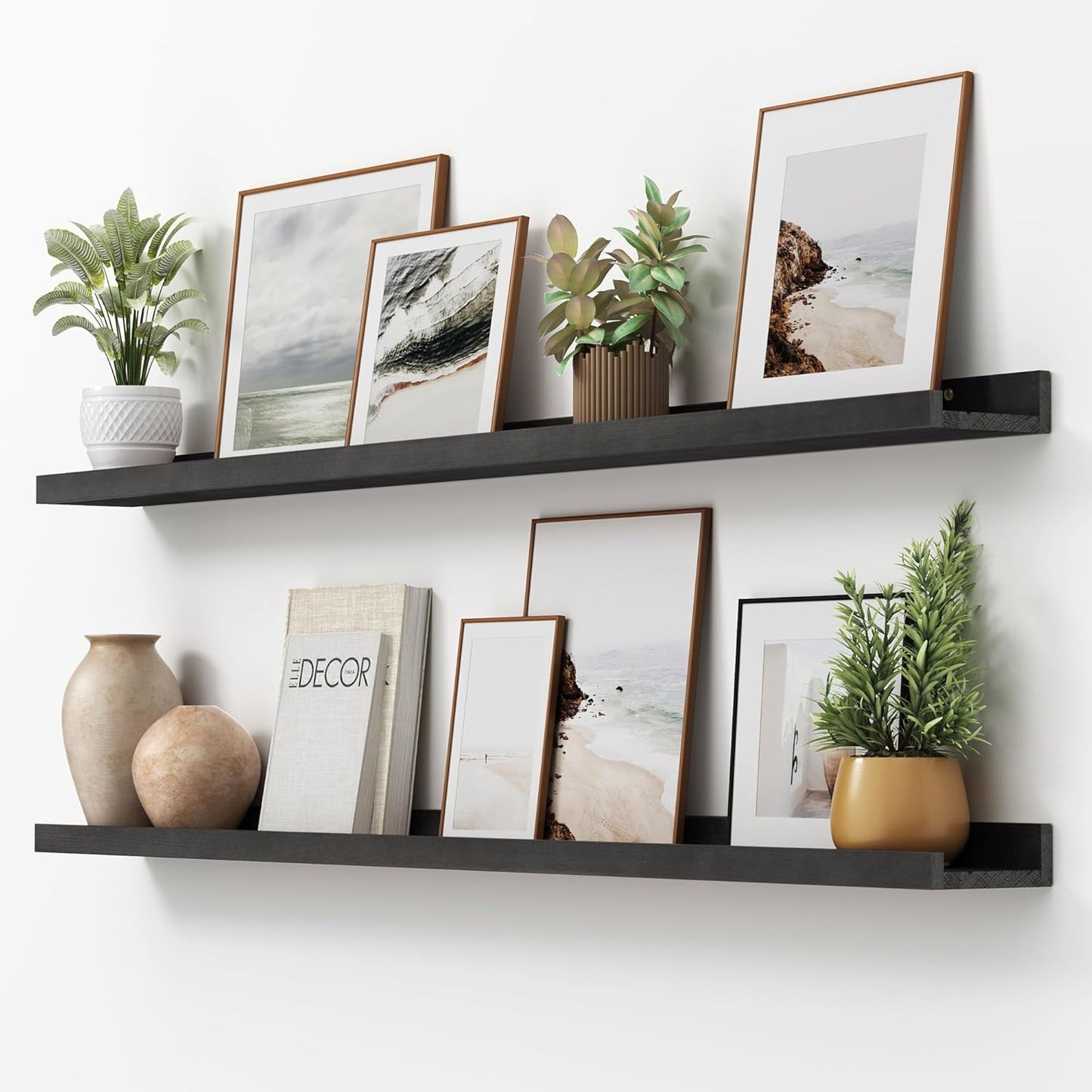 FLYJOE Picture Ledge Shelf, Floating Shelves Set of 2, Solid Pine Wood 55'' Long Large Nursery Book Shelves for Toys Storage, Kids Bookshelf for Living Room Bedroom Decor Books Photo Frames, Walnut