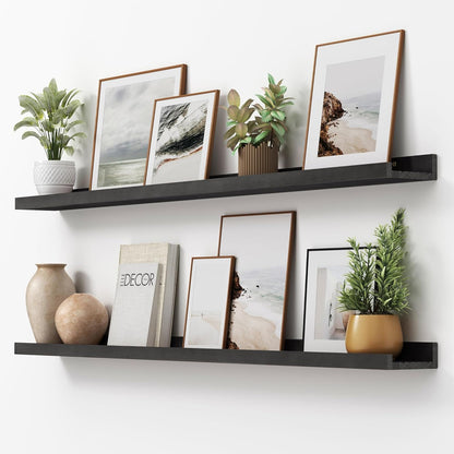 FLYJOE Picture Ledge Shelf, Floating Shelves Set of 2, Solid Pine Wood 55'' Long Large Nursery Book Shelves for Toys Storage, Kids Bookshelf for Living Room Bedroom Decor Books Photo Frames, Walnut