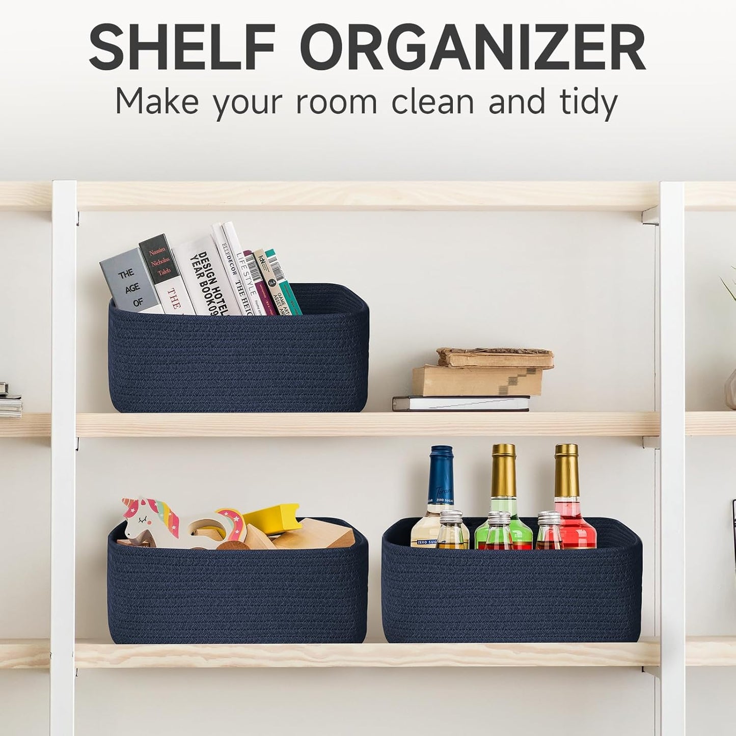 3-Pack Small Storage Baskets for Organizing | Woven Shelf Toy Basket | Rope Baskets for Gifts Empty | Closet Organizer Bins with Handles | Cube Decorative Box | 11.8×7.8×5.1” | Mixed brown