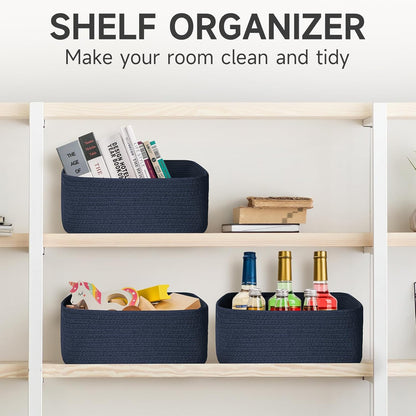 3-Pack Small Storage Baskets for Organizing | Woven Shelf Toy Basket | Rope Baskets for Gifts Empty | Closet Organizer Bins with Handles | Cube Decorative Box | 11.8×7.8×5.1” | Mixed brown