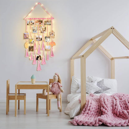 Homecor Hanging Photo Display Wall Decor, Macrame Wall Hanging Boho Room Bedroom Decor, Picture Frame Collage Board with Light 30 Clip, Christmas Teenage Teen Girl Gifts Ages 10 11 12 13 14 Years Old