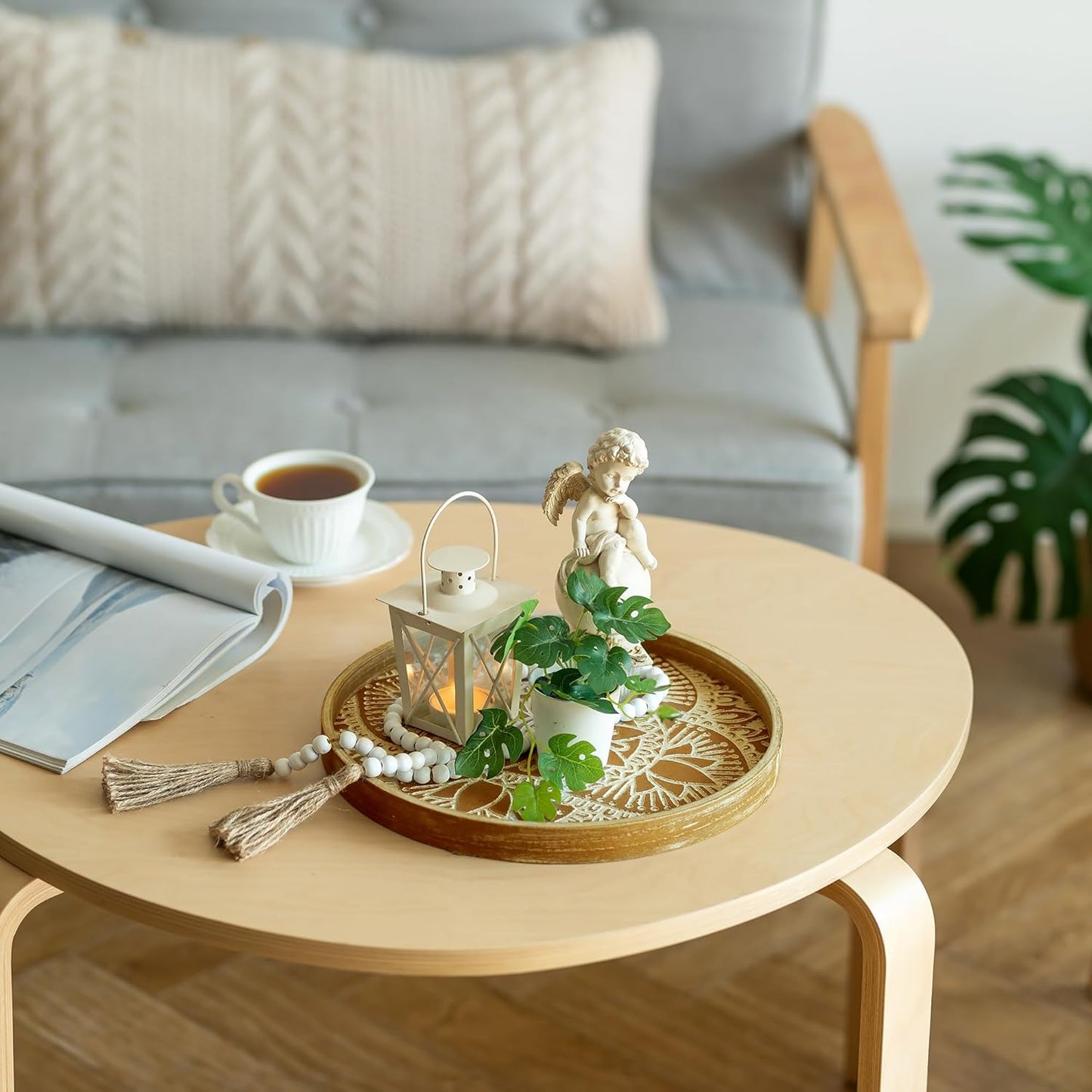 Hanobe Decorative Serving Tray Round: Farmhouse Coffee Table Decor Boho White Mandala Trays for Living Room Kitchen Bathroom Display