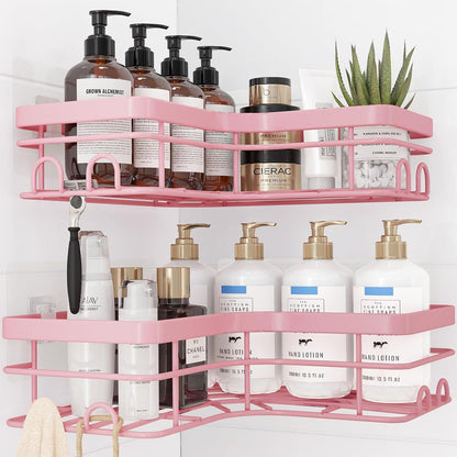 Sakugi Corner Shower Caddy - 2 Pack, Adhesive Shower Organizers, Rustproof Stainless Steel Shower Shelves with 8 Hooks, No Drilling Bathroom Organizers and Storage Racks, Space-Saving, Black, Medium
