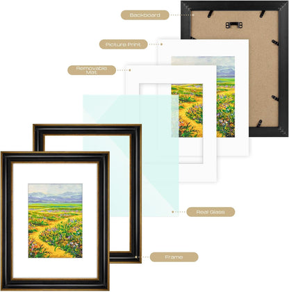 Golden State Art, 11x14 Photo Frame with Mat for Pictures 8x10 and Real Glass (Dark Gold Brown & Bronze Pewter Panel with White Color Mat, 1.25 Inch Frame Border)