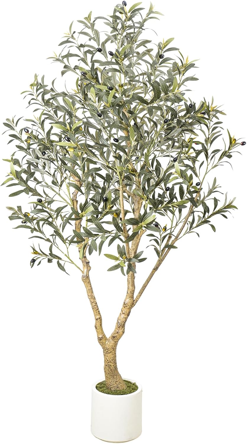 6FT Artificial Olive Tree with Elegant Planter & Moss, Faux Olive Tree Indoor with Natural Wood Trunk & Lifelike Leaves, Tall Fake Plant for Living Room Home Office Decor – Housewarming Gift