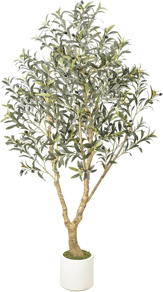 6FT Artificial Olive Tree with Elegant Planter & Moss, Faux Olive Tree Indoor with Natural Wood Trunk & Lifelike Leaves, Tall Fake Plant for Living Room Home Office Decor – Housewarming Gift