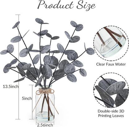 Bessol Artificial Eucalyptus Stems in Glass Vase with Faux Water, 13.5" Fake Plants for Home Decor, Coffee Table Centerpieces, Office, Bathroom & Farmhouse Weddings - Faux Greenery Plants Decorations