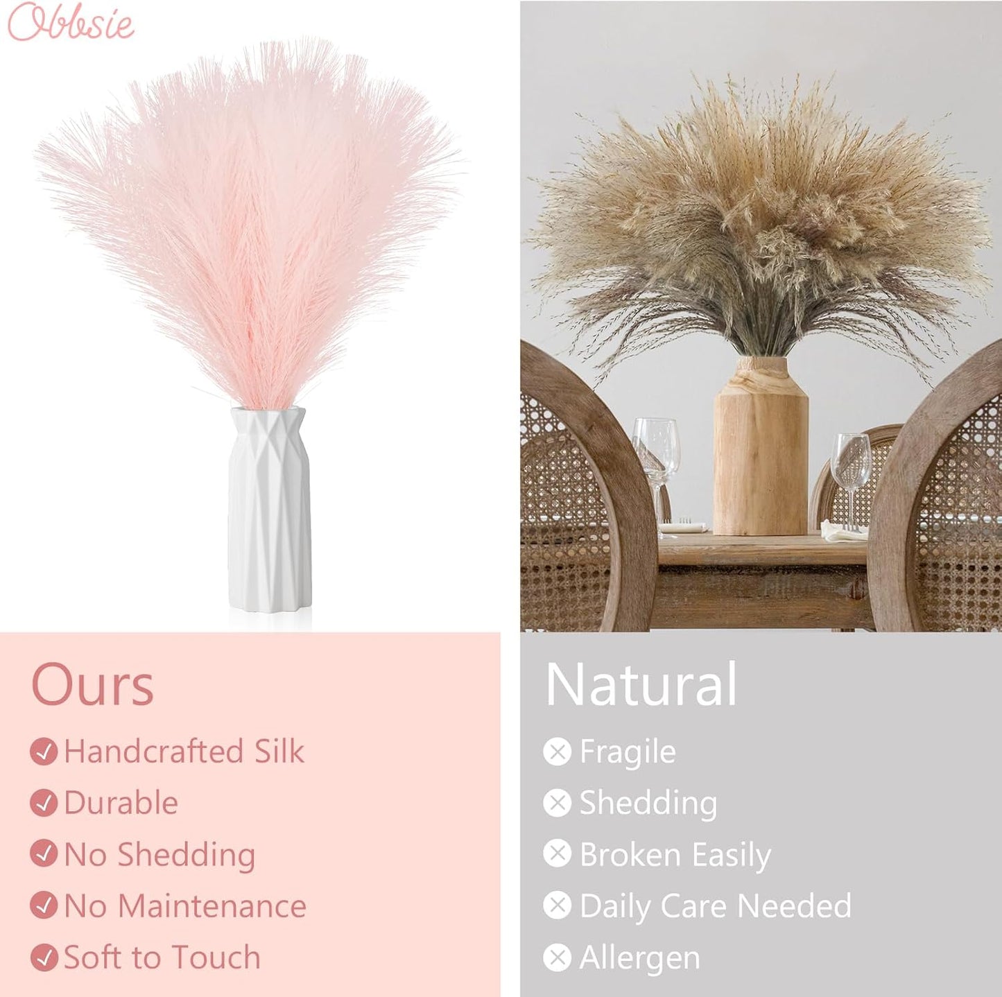 obbsie 50pcs Pink Faux Pampas Grass Decor, 21.6" Short Artificial Floral Branches Vase Filler Flower Arrangement for Home Wedding Boho Outdoor Decor