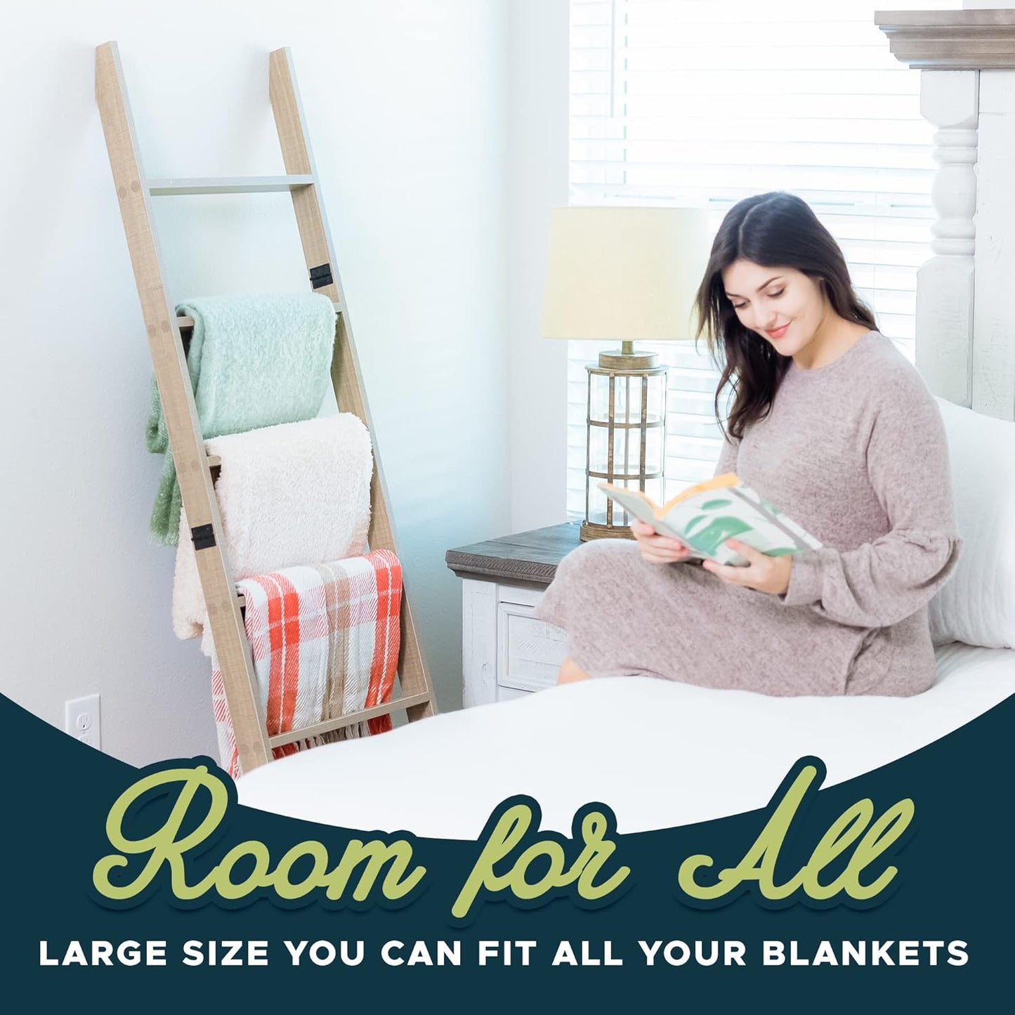 Blanket Ladder for Living Room and Bedroom, 5ft 8 inch, 6-Tier Wall Leaning Laminate Snag Free Construction (White) Rustic Decorative Farmhouse Blanket Storage, Quilt Rack, Ladder Shelf, Easy Assembly