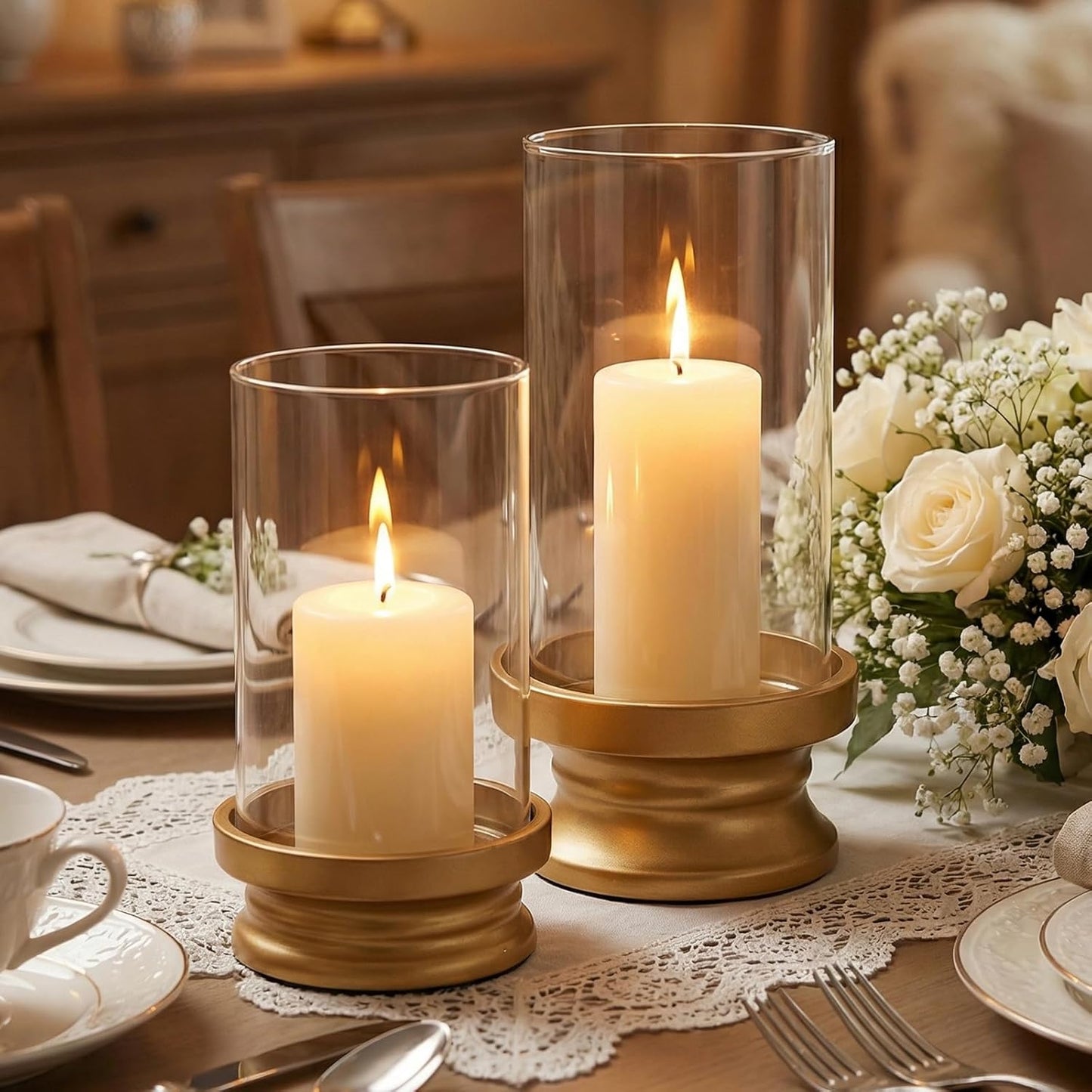 Gold Hurricane Candle Holders Set of 2 with Glass - Modern Pillar Candle Stands for Fireplace Mantel, Dining Table Centerpiece & Home Decor, 7.1" & 9" High