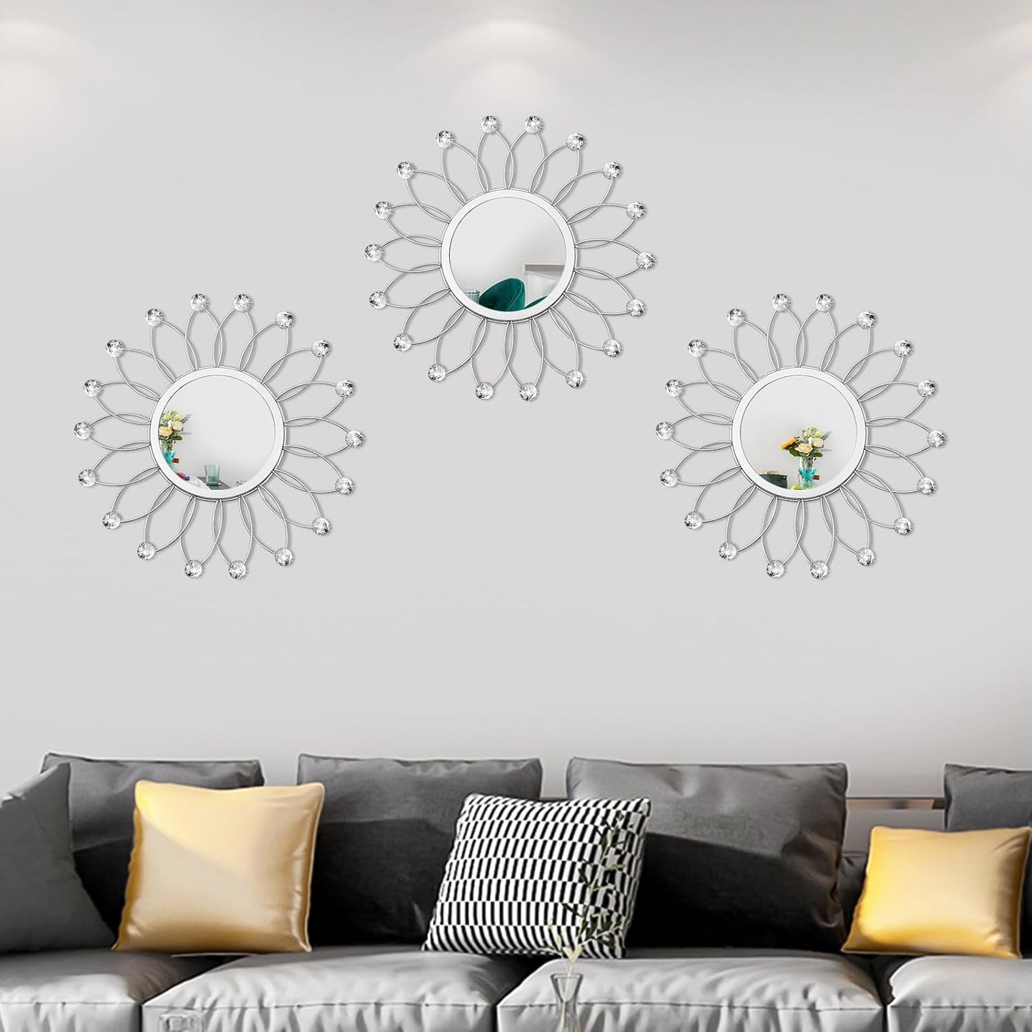 3 Pack Metal Mirrors for Wall Sunburst Wall Mirrors Home Décor Decorative Hanging Wall Art for Living Room Bedroom Entryway (Gold, Flower+Sunburst)