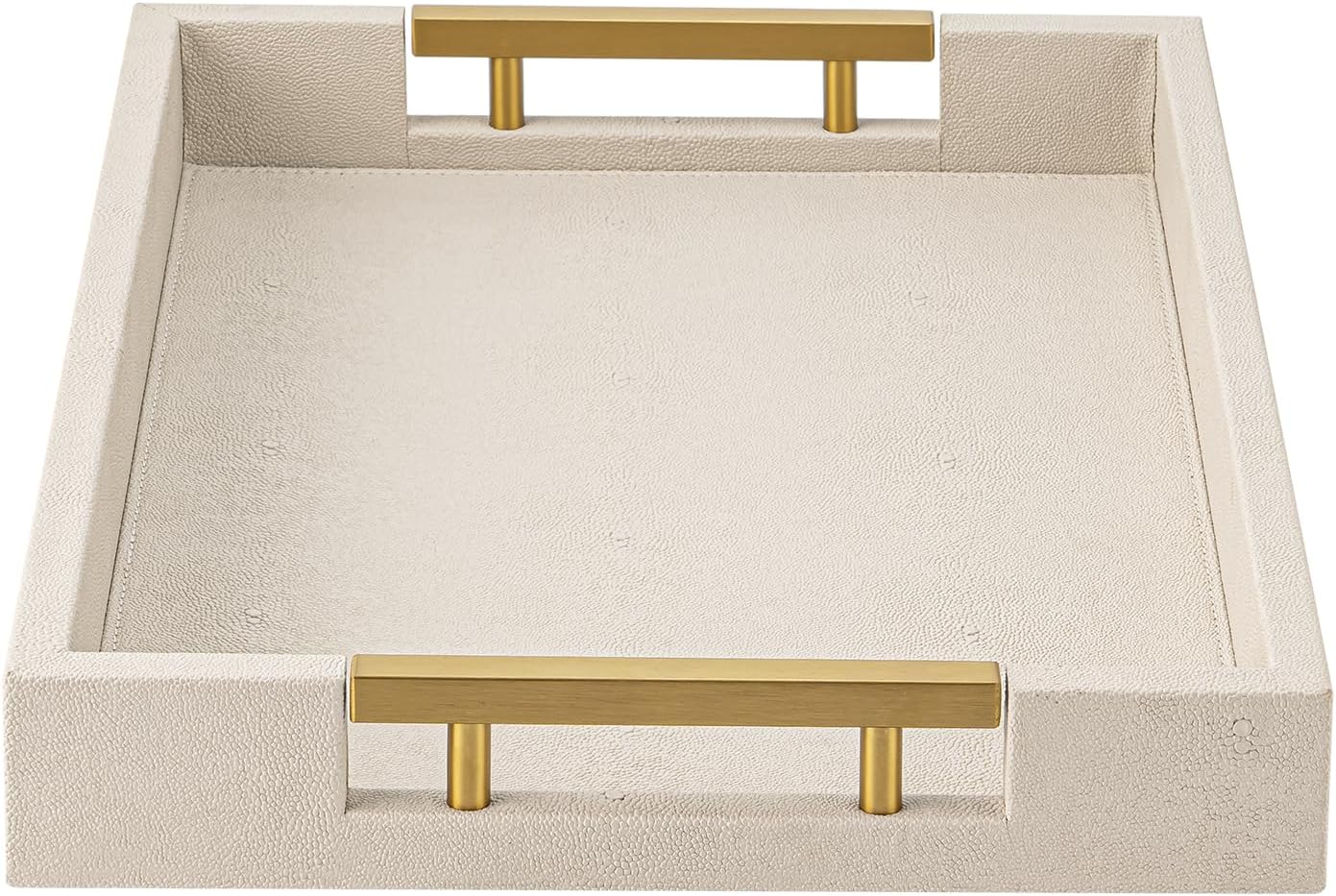 Beige Faux Leather Serving Tray with Handles – Large Decorative Tray for Coffee Table, Ottoman, Living Room, Bathroom – Home Decor