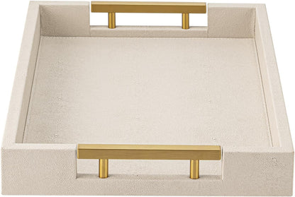 Beige Faux Leather Serving Tray with Handles – Large Decorative Tray for Coffee Table, Ottoman, Living Room, Bathroom – Home Decor