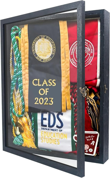 GraduatePro Shadow Box Frame 11x14 Display Case with Linen Back, Real Glass Window Door with Hinge, Picture Frame Wedding Bouquet Memorabilia Medals Photos Memory Box for Keepsakes, Carbonized Black